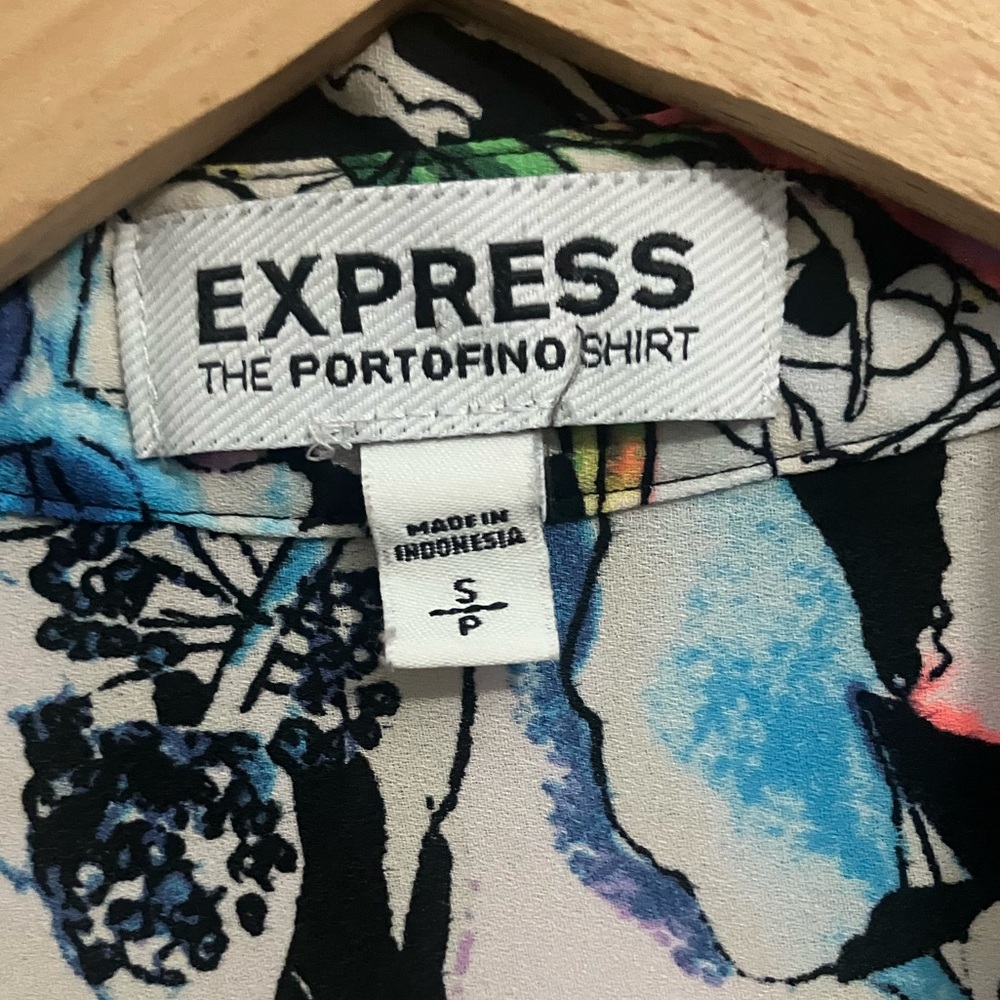 Express-Bright, Multi- Colored, Floral Button- Up… - image 2